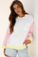 White Floral Colorblock Patchwork Chest Pocket Notched Neck Long Sleeve Top
