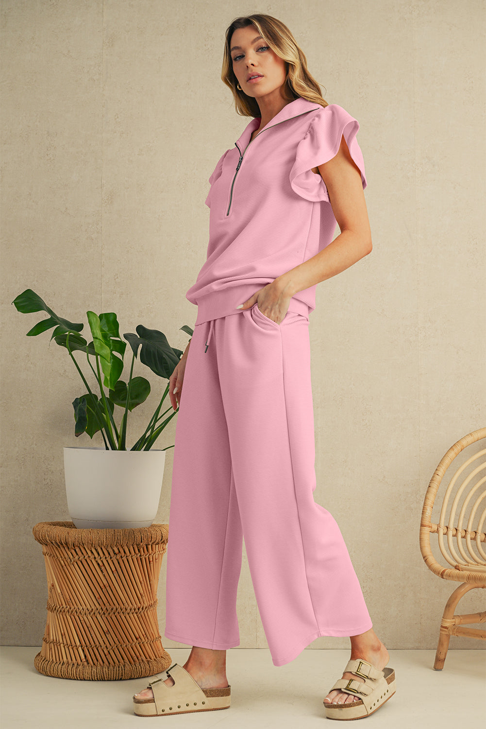 Textured Ruffle Sleeve Zip Top & Wide-Leg Pants Set