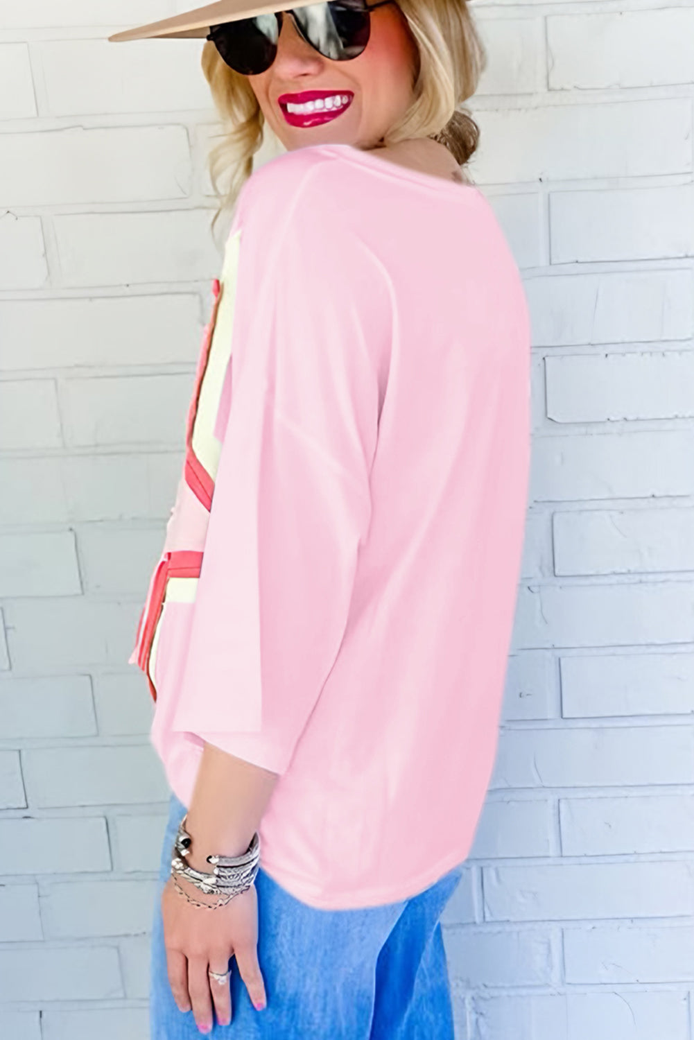 Moonlight Jade Colorblock Star Patched Half Sleeve Oversized Tee