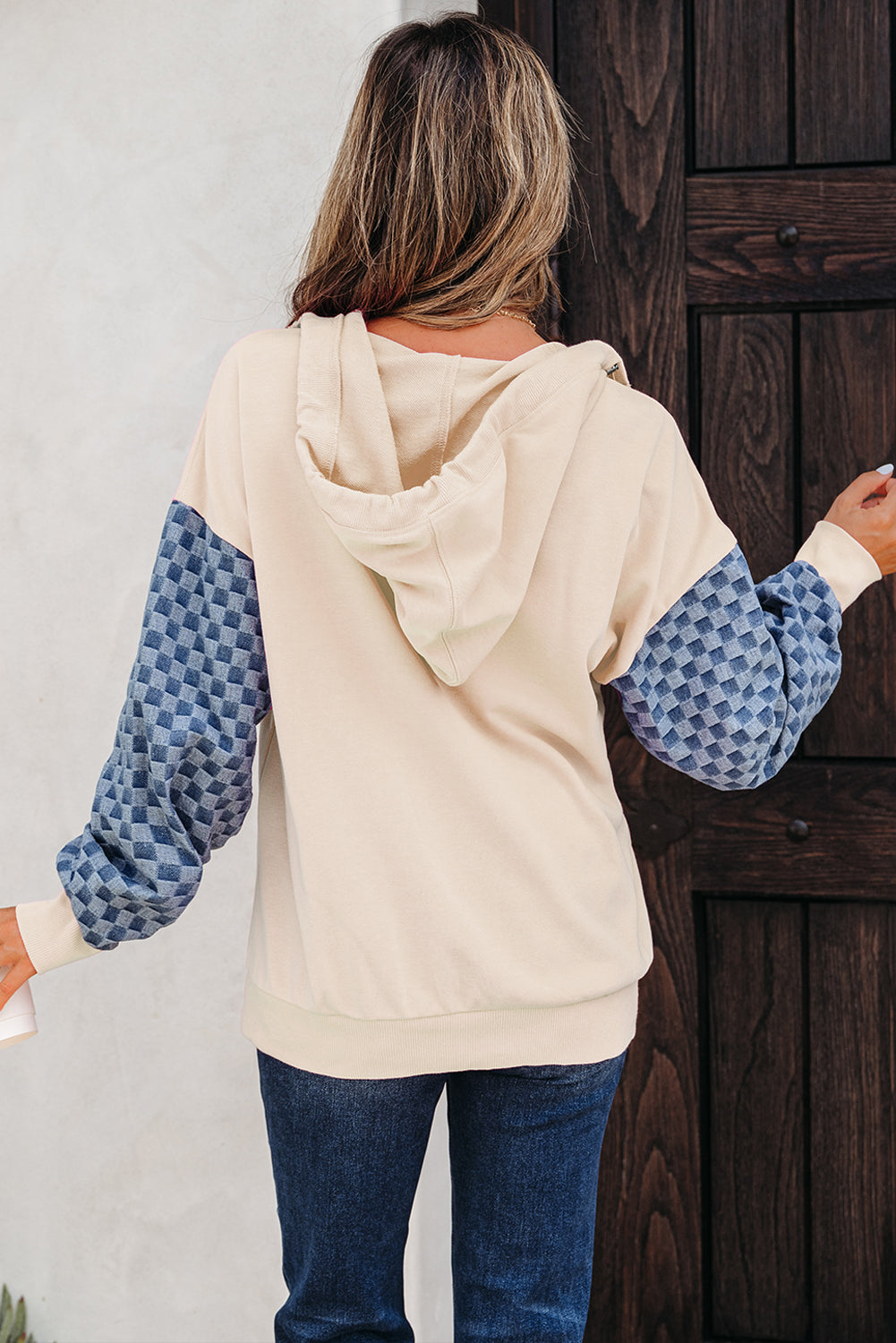 Checkered Patchwork Kangaroo Pocket Half Zipper Hoodie