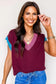 Burgundy Contrast Trim V-Neck Cuffed Short Sleeve Loose Sweater