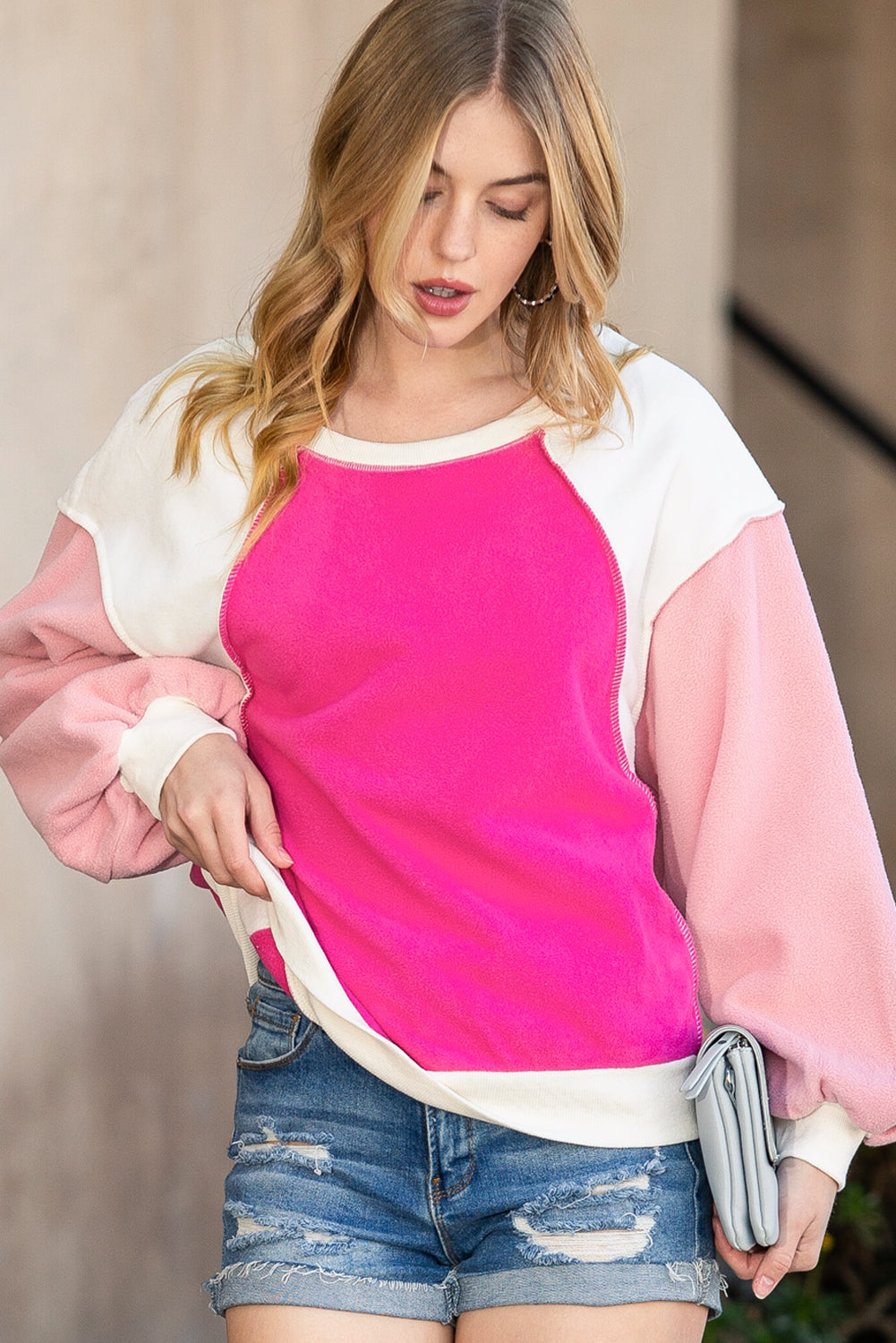 Rosy Colorblock Patchwork Plush Pullover Sweatshirt