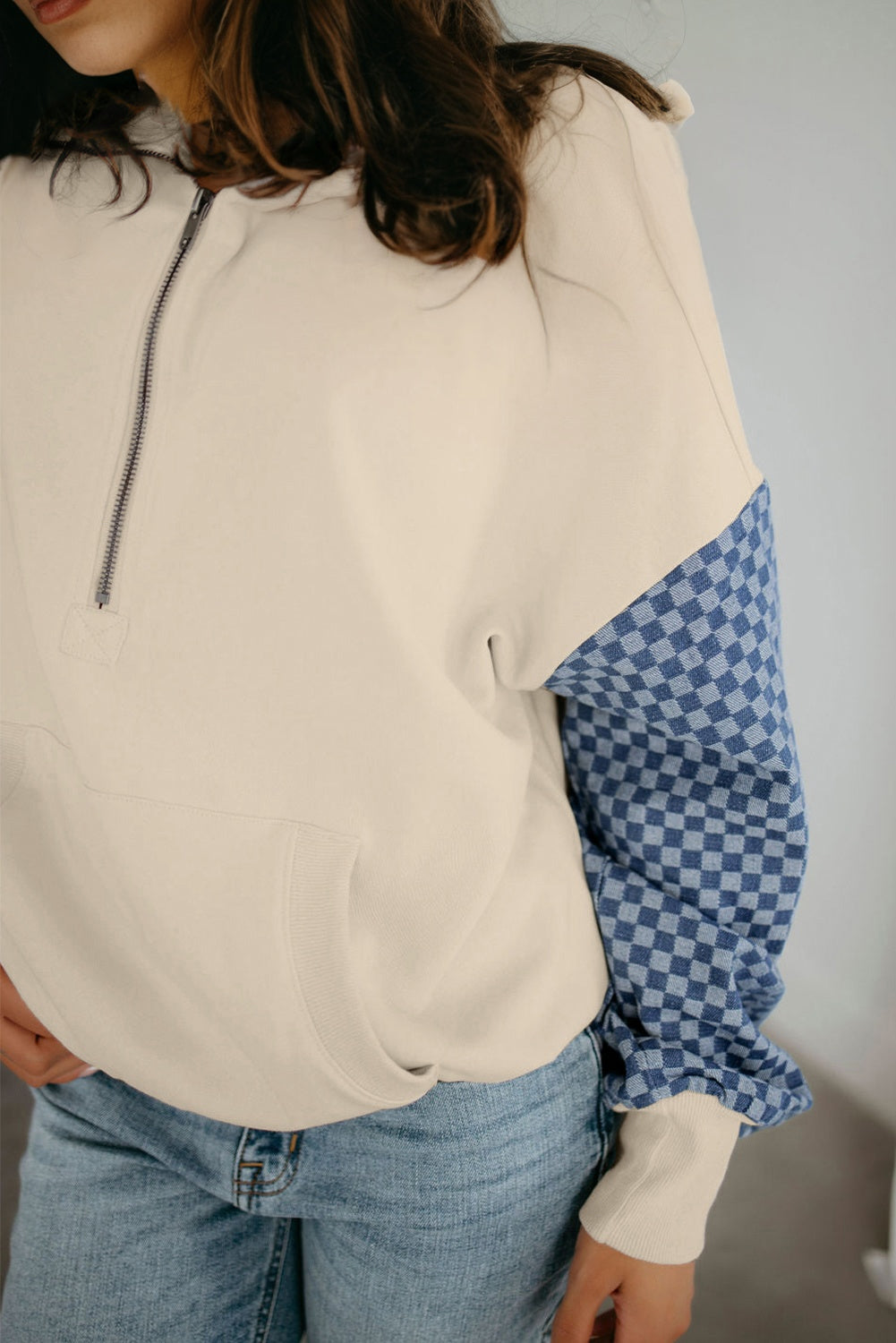 Checkered Patchwork Kangaroo Pocket Half Zipper Hoodie