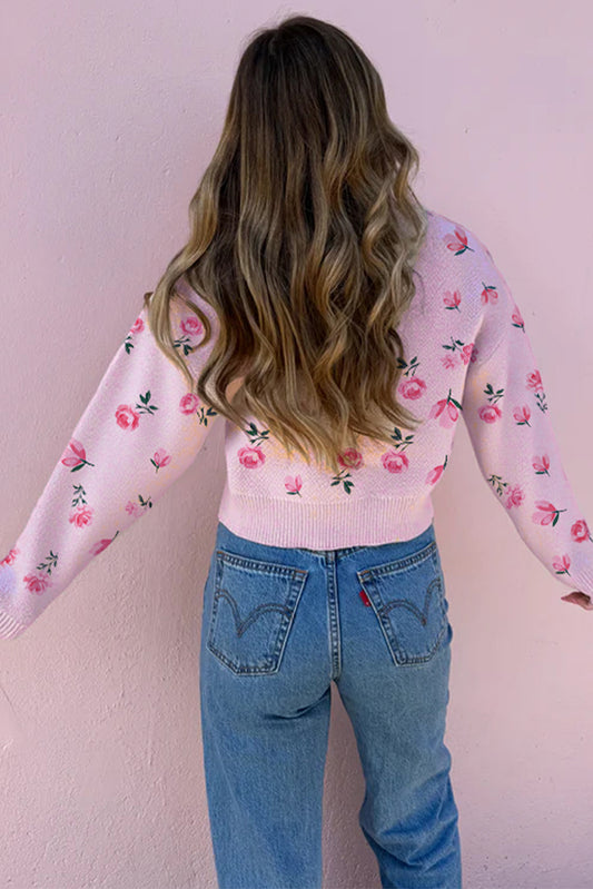 Sweet Floral Print Drop Shoulder Cropped Sweater