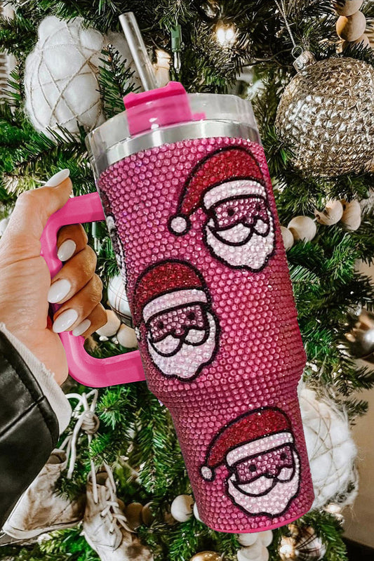 Pink Christmas Santa Claus Diamond 40oz Tumbler Cup with Straw