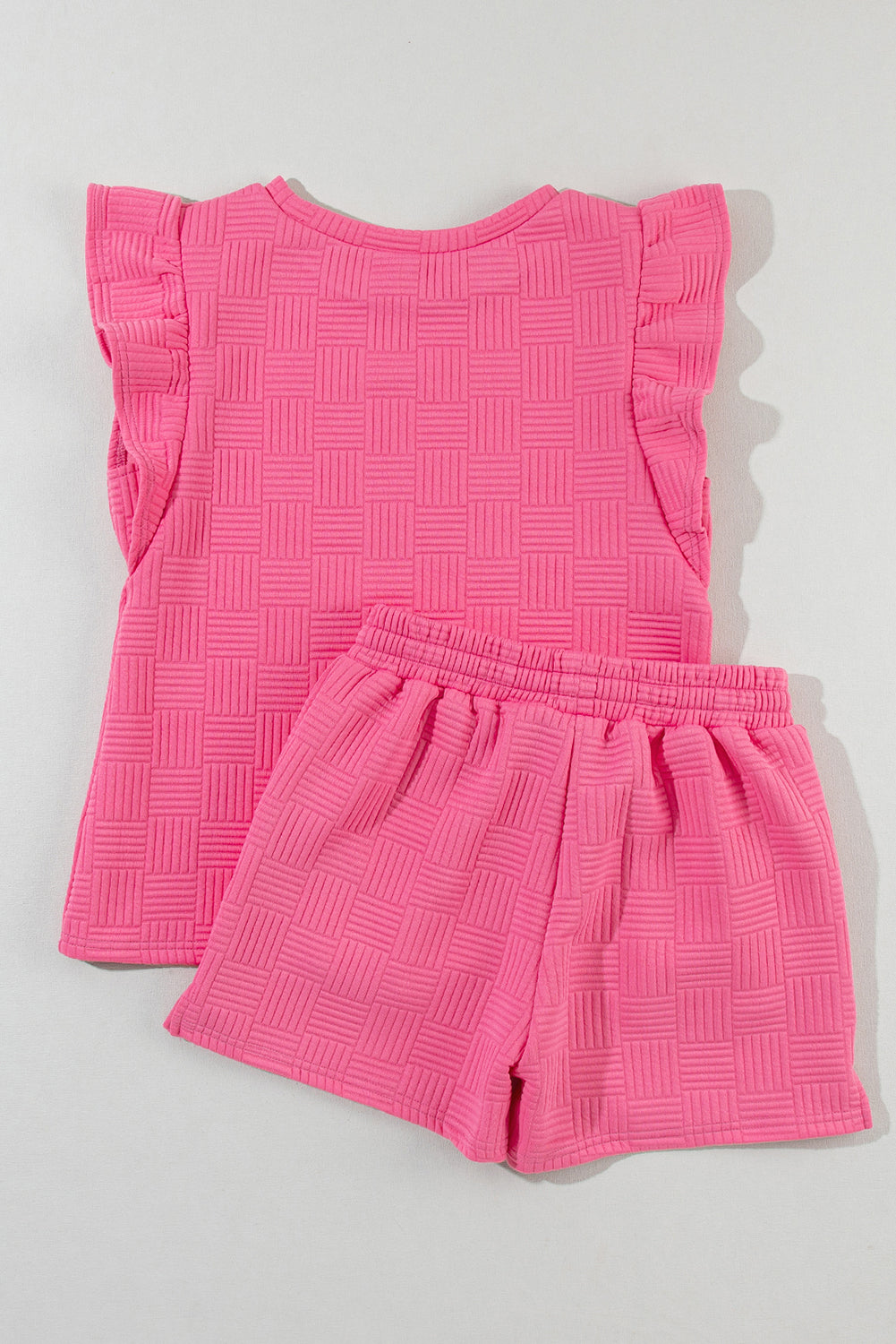 Pink Textured Ruffled Sleeve Tee and Drawstring Elastic Waistband Shorts Set