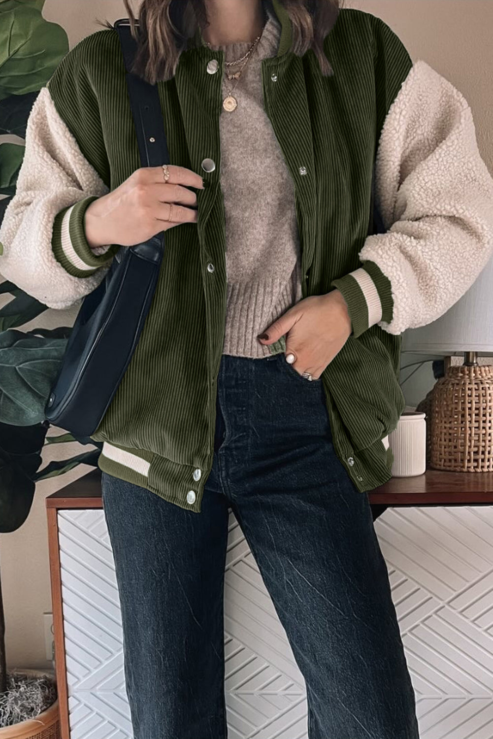 Mist Green Corduroy Fleece Patchwork Buttoned Bomber Coat