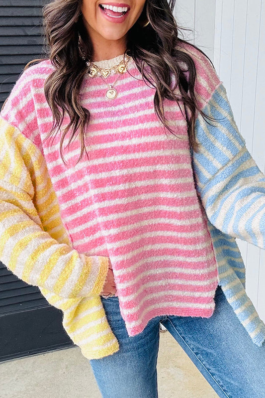 Multicolor Colorblock Striped Patchwork Dolman Sleeve Slit Sweater
