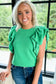 Green Solid Color Ruffle Sleeve Ribbed Blouse