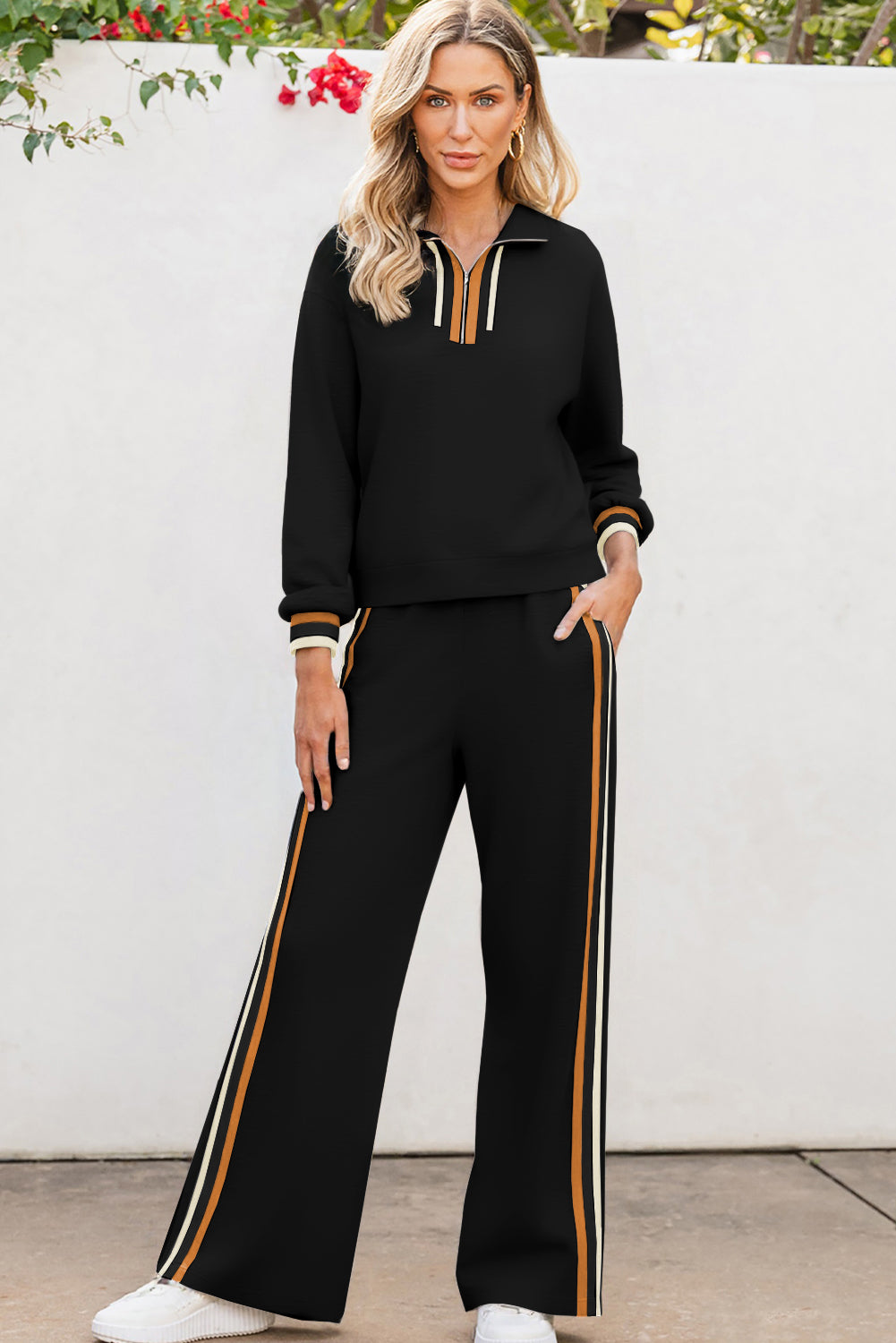 Black Striped Patchwork Quarter Zip Pullover Loose Pant Set