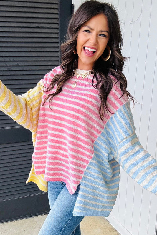 Multicolor Colorblock Striped Patchwork Dolman Sleeve Slit Sweater
