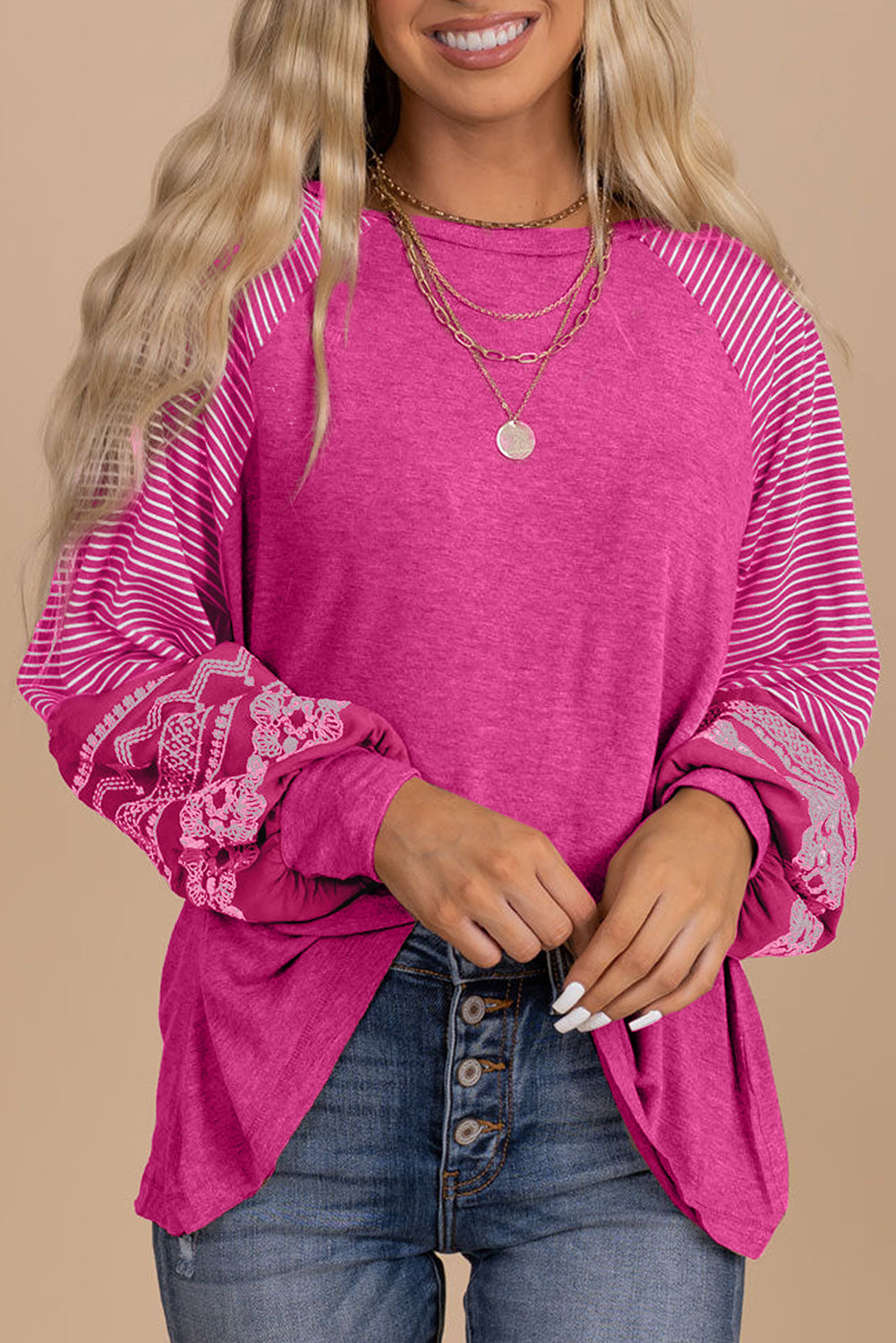 Pink Contrast Print Striped Raglan Long Sleeve Loose Top