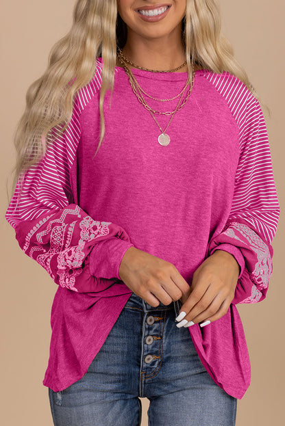Pink Contrast Print Striped Raglan Long Sleeve Loose Top