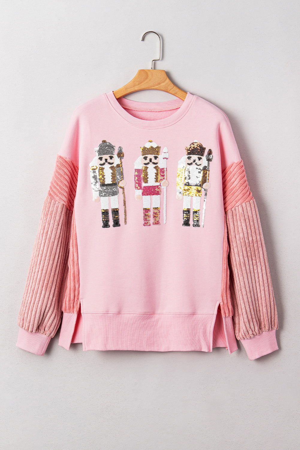 Light Pink Sequin Nutcracker Textured Sleeve Patchwork Sweatshirt