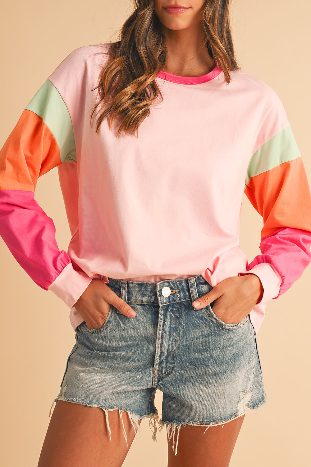 Rose Red Color Block Sleeve Loose Fit Top