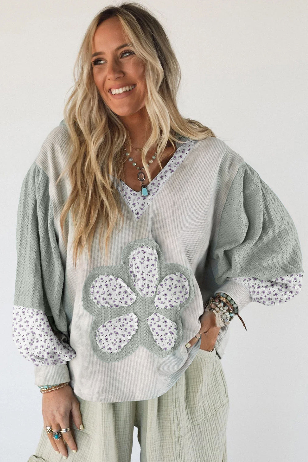Green Floral Textured Colorblock Patchwork Lantern Sleeve Hooded Top