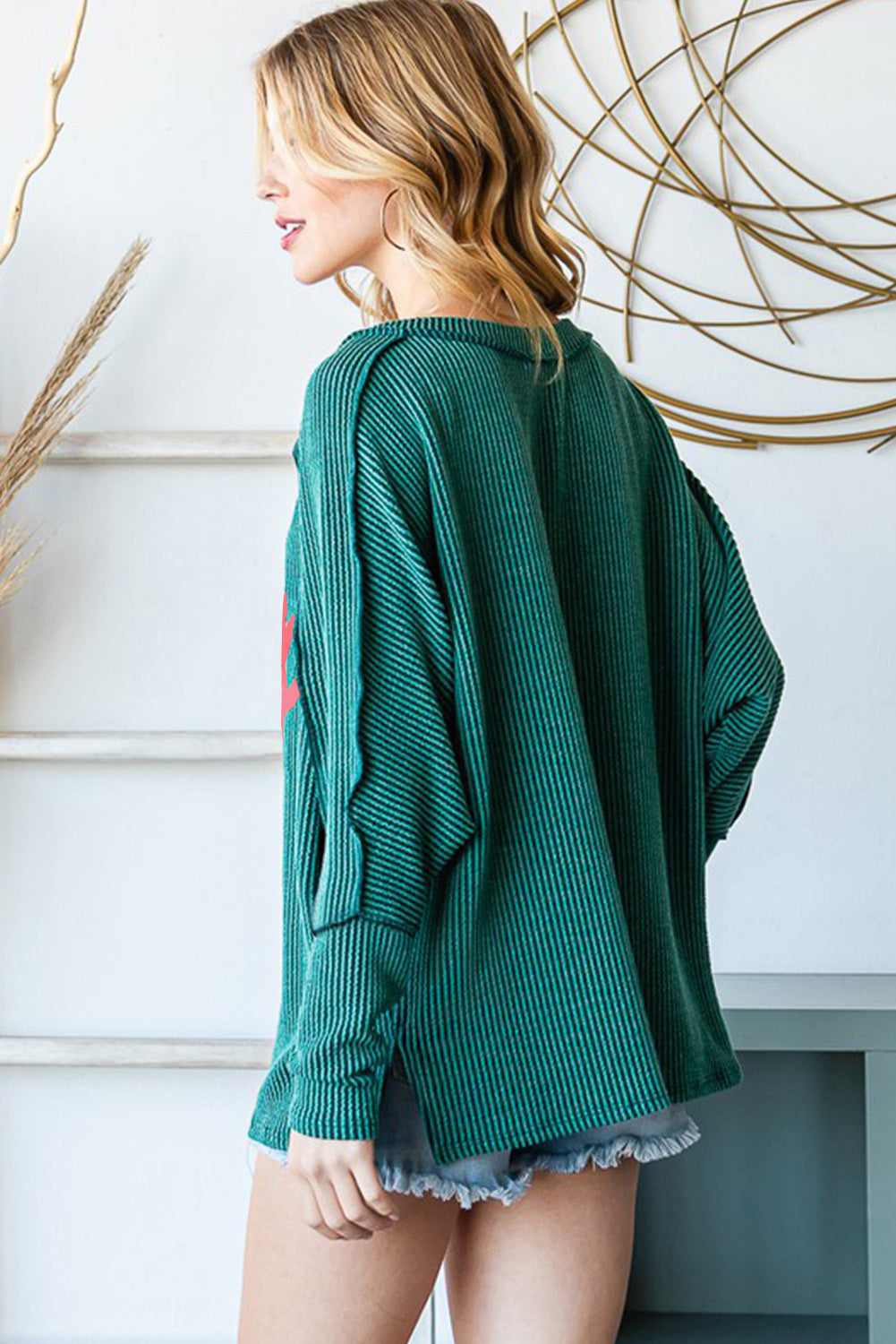 Green Merry Graphic Corded Batwing Sleeve Knit Top