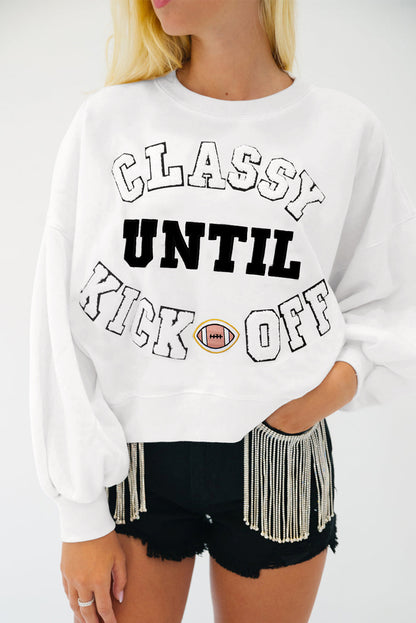 White Classy Until Kickoff Football Plush Letter Patched Loose Sweatshirt