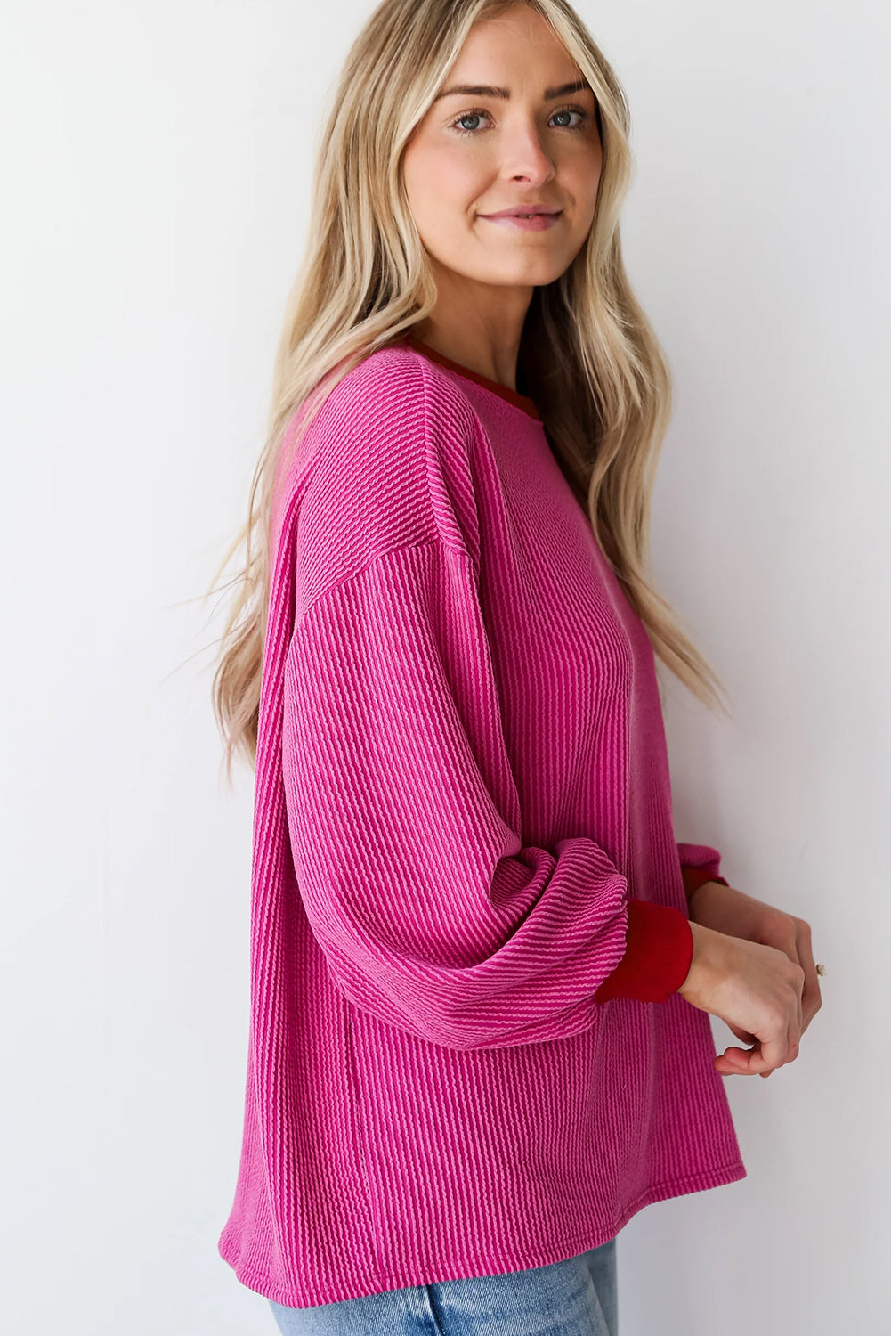 Bright Pink Corded Contrast Edge Drop Shoulder Sweatshirt