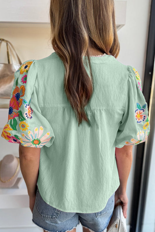Mint Floral Embroidered Puff Sleeve Split-Neck Blouse