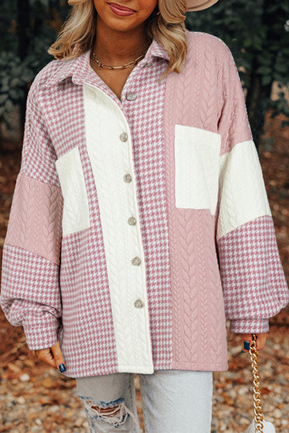 Pink Houndstooth Textured Patchwork Loose Shacket