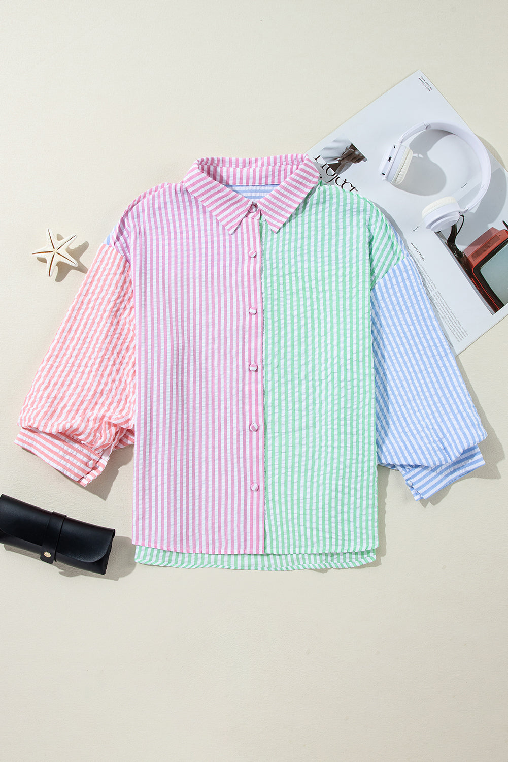 Pink Stripe Color Block Balloon Sleeve Button Loose Fit Shirt