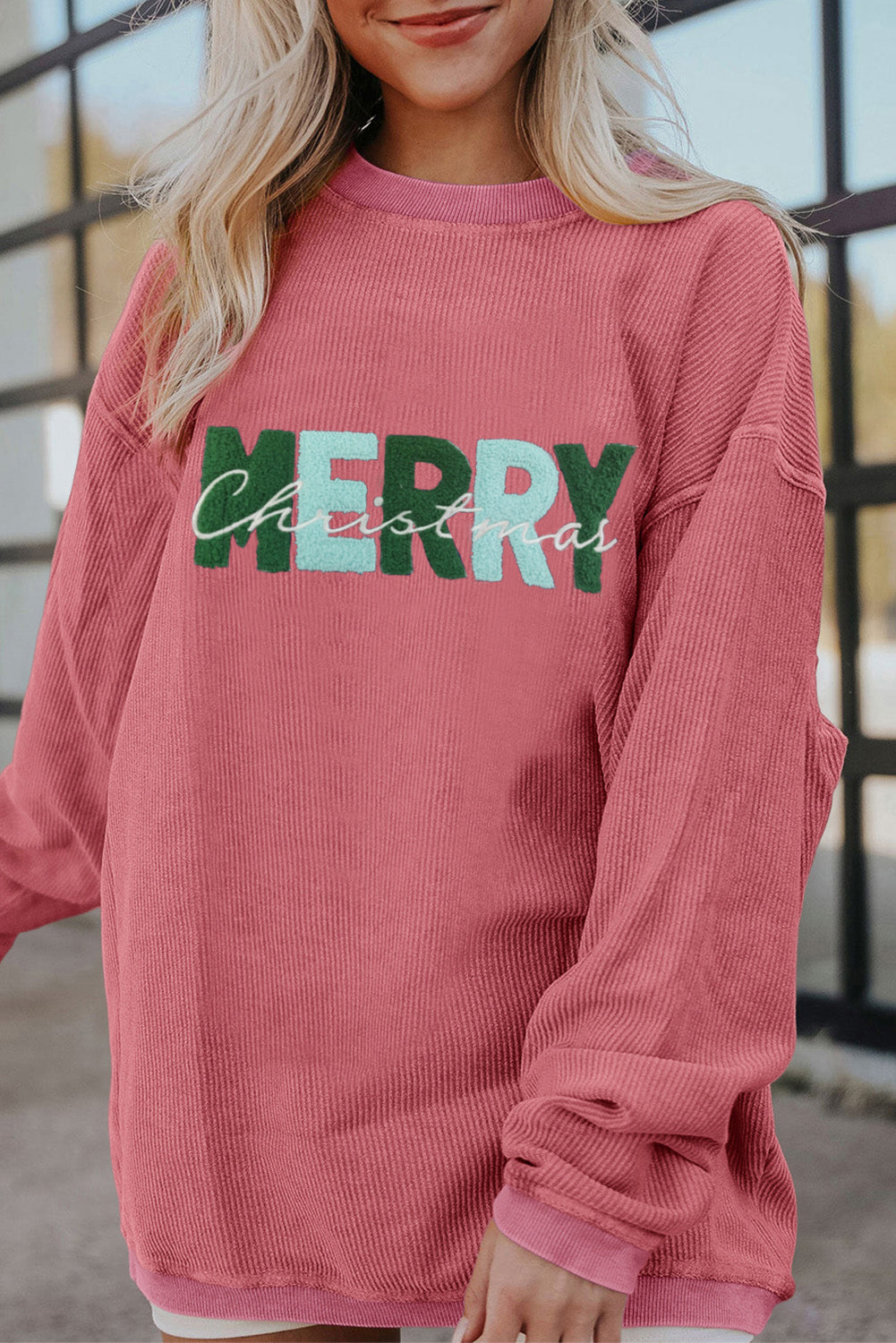 Strawberry Pink Merry Christmas Chenille Embroidered Corded Sweatshirt