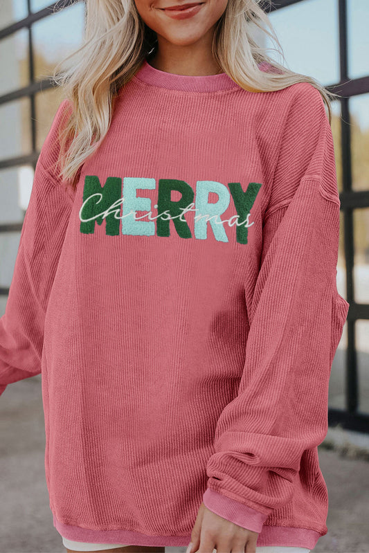 Strawberry Pink Merry Christmas Chenille Embroidered Corded Sweatshirt