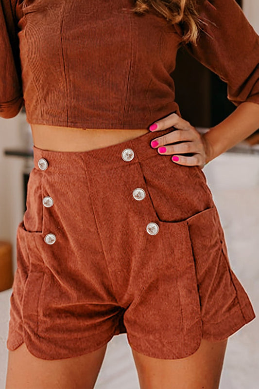 Clay Button Scalloped Edge High Waist Corduroy Shorts