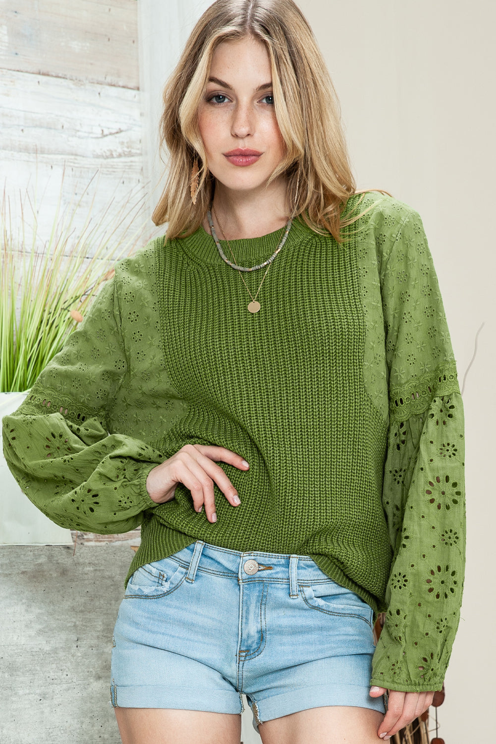 Green Eyelet Drop Shoulder Long Sleeve Pullover Sweater