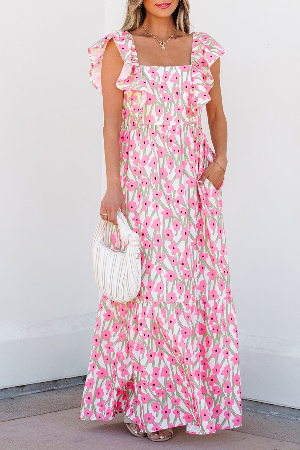 Pink Floral Ruffle Strap Maxi Dress – Cottagecore Square Neckline