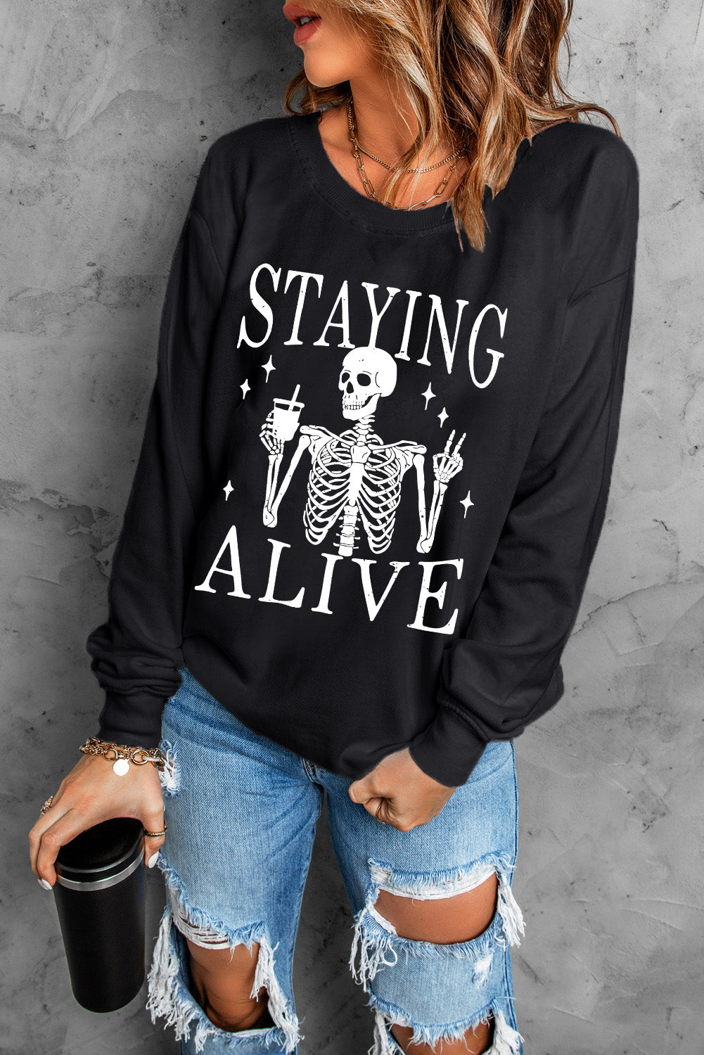 Black STAYING ALIVE Skull Graphic Crewneck Halloween Sweatshirt