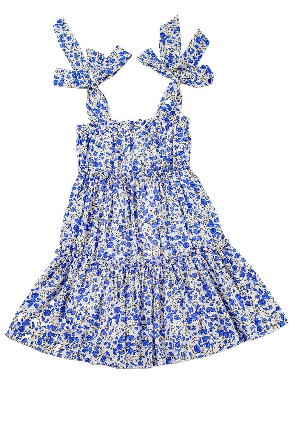 Blue Floral Knotted Straps Tiered Babydoll Dress