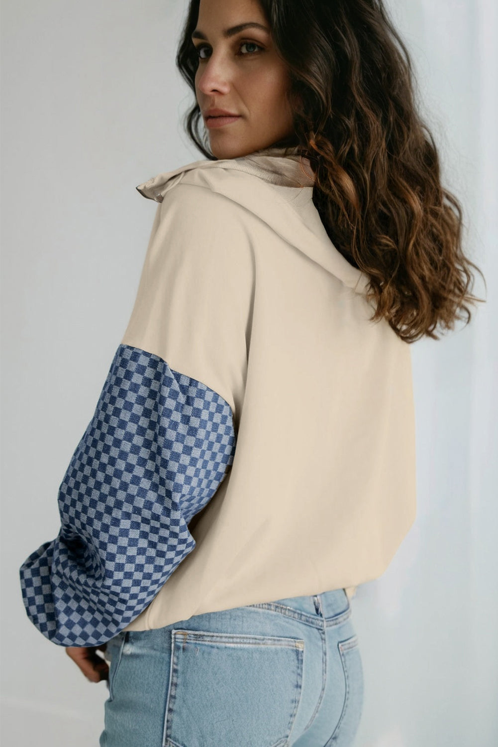 Checkered Patchwork Kangaroo Pocket Half Zipper Hoodie