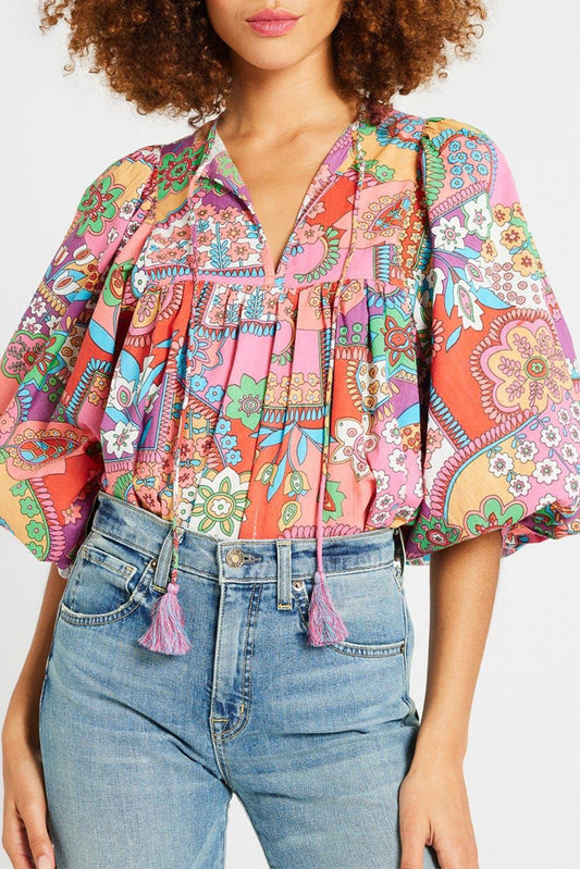 Multicolour Boho Floral Tie V Neck Pleated Blouse