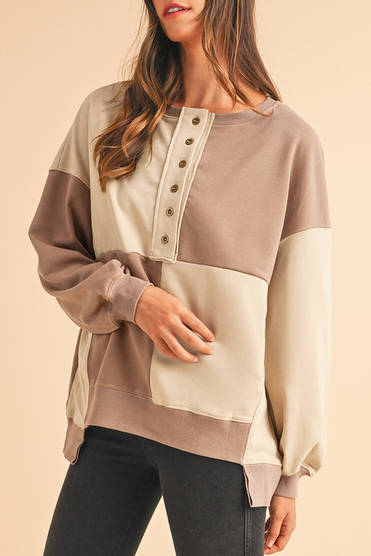 Pink Colorblock High Low Loose Henley Sweatshirt