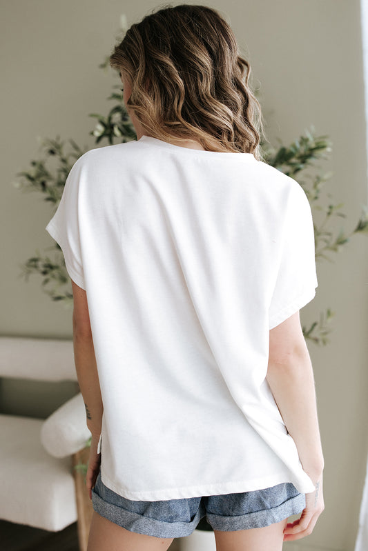 White Floral Applique Notched V-Neck Dolman Sleeve Top