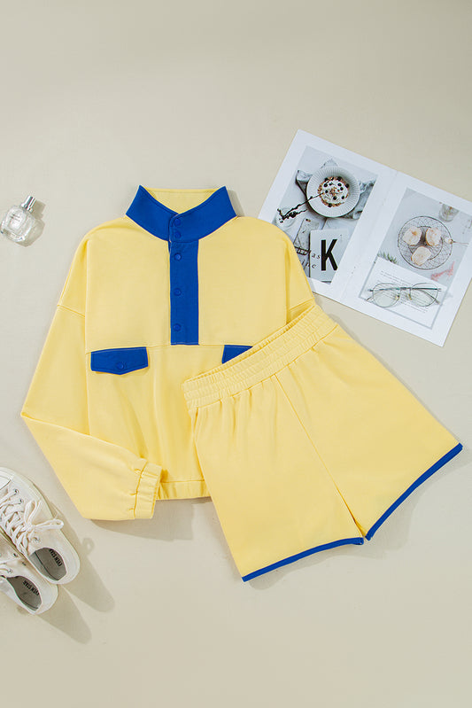Yellow Color Block Patchwork Half Button Pullover and Shorts Two Piece Outfit