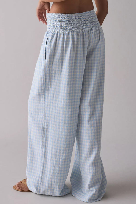 Gingham Smocked High Waist Loose Pants