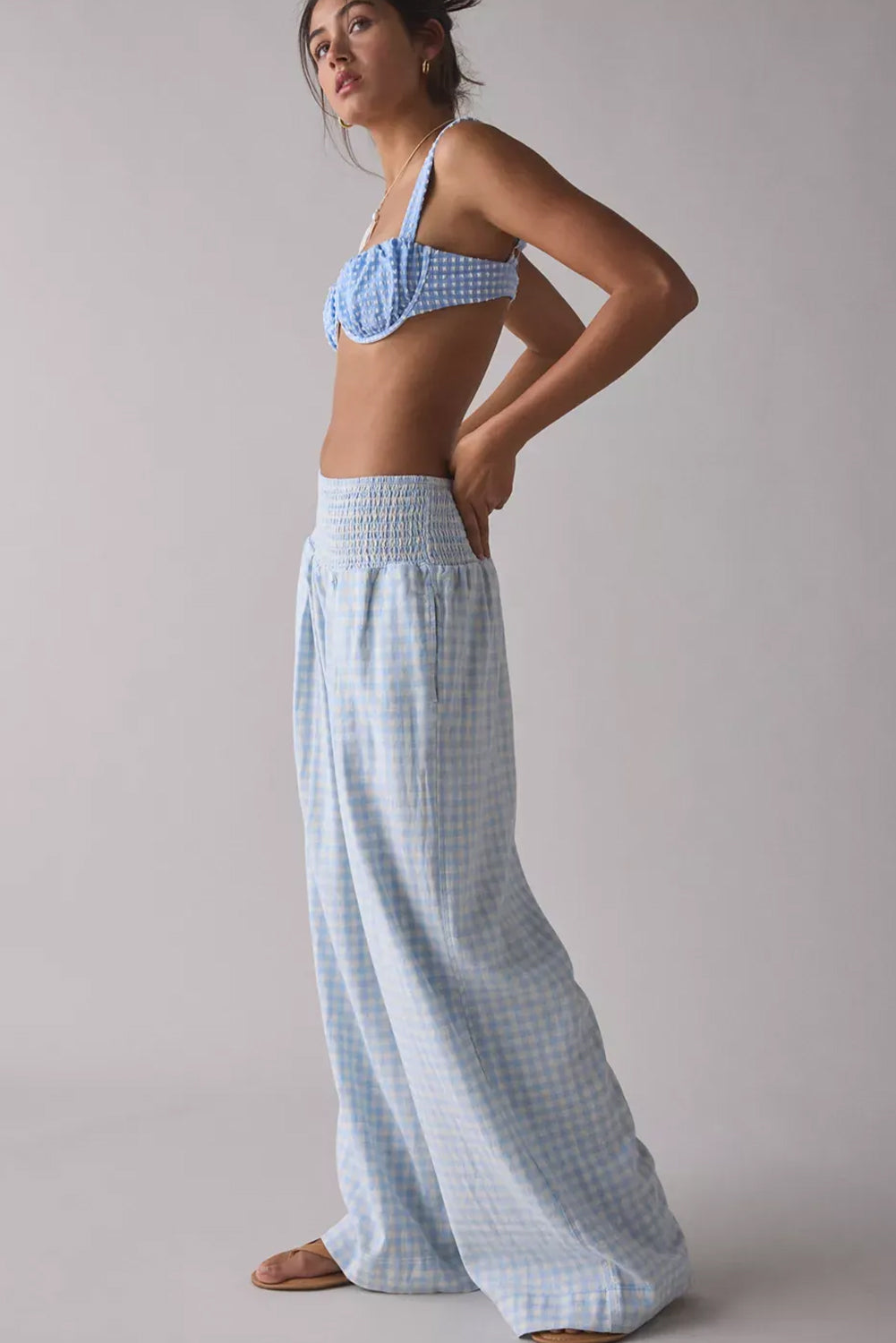 Gingham Smocked High Waist Loose Pants