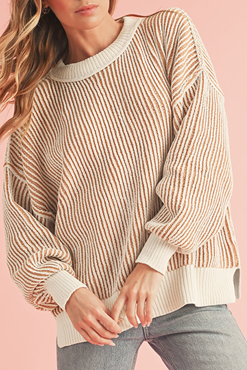 Bright Pink Striped Contrast Trim Loose Sweater