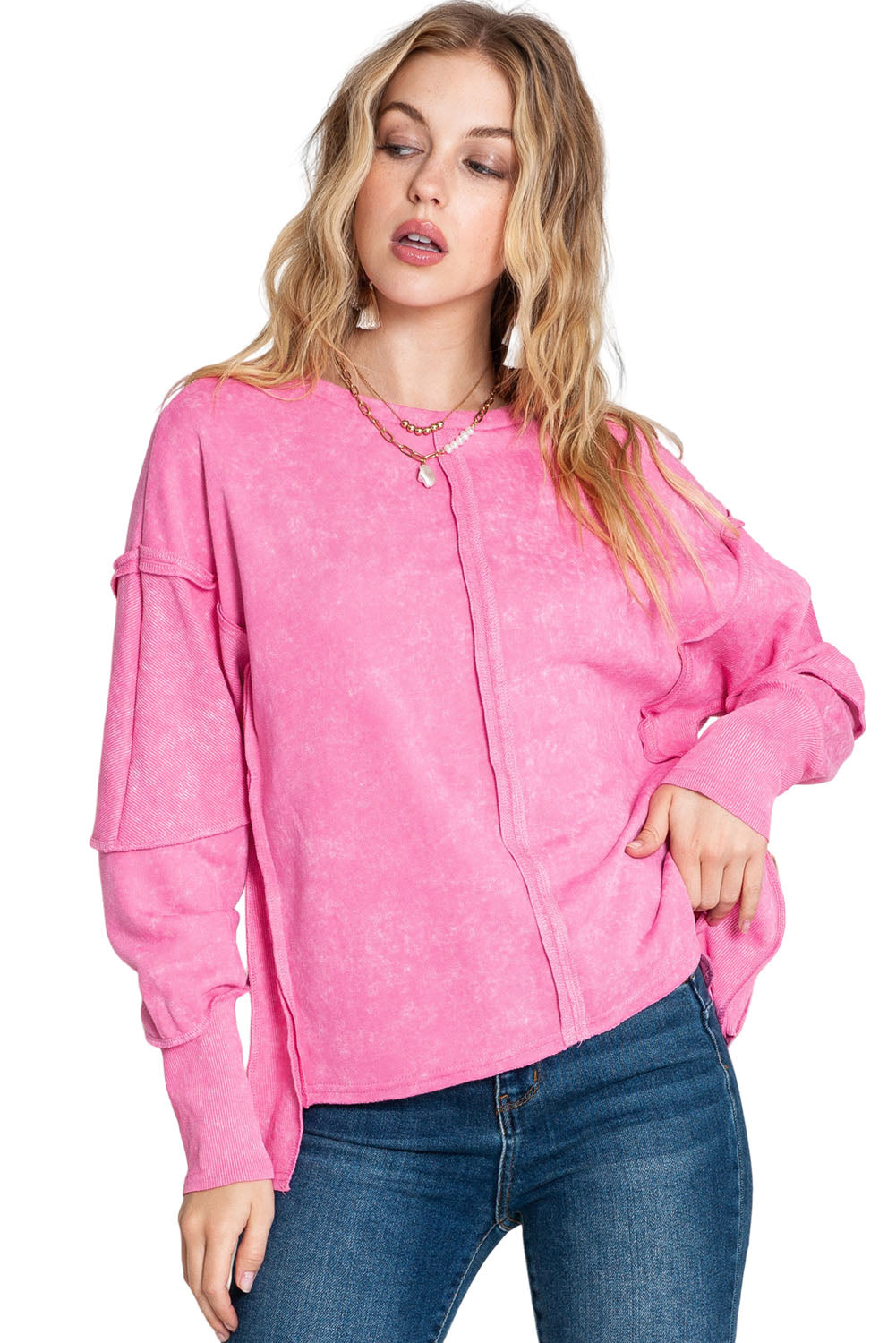 Rose Drop Sleeve Exposed Seam Pullover Sweatshirt