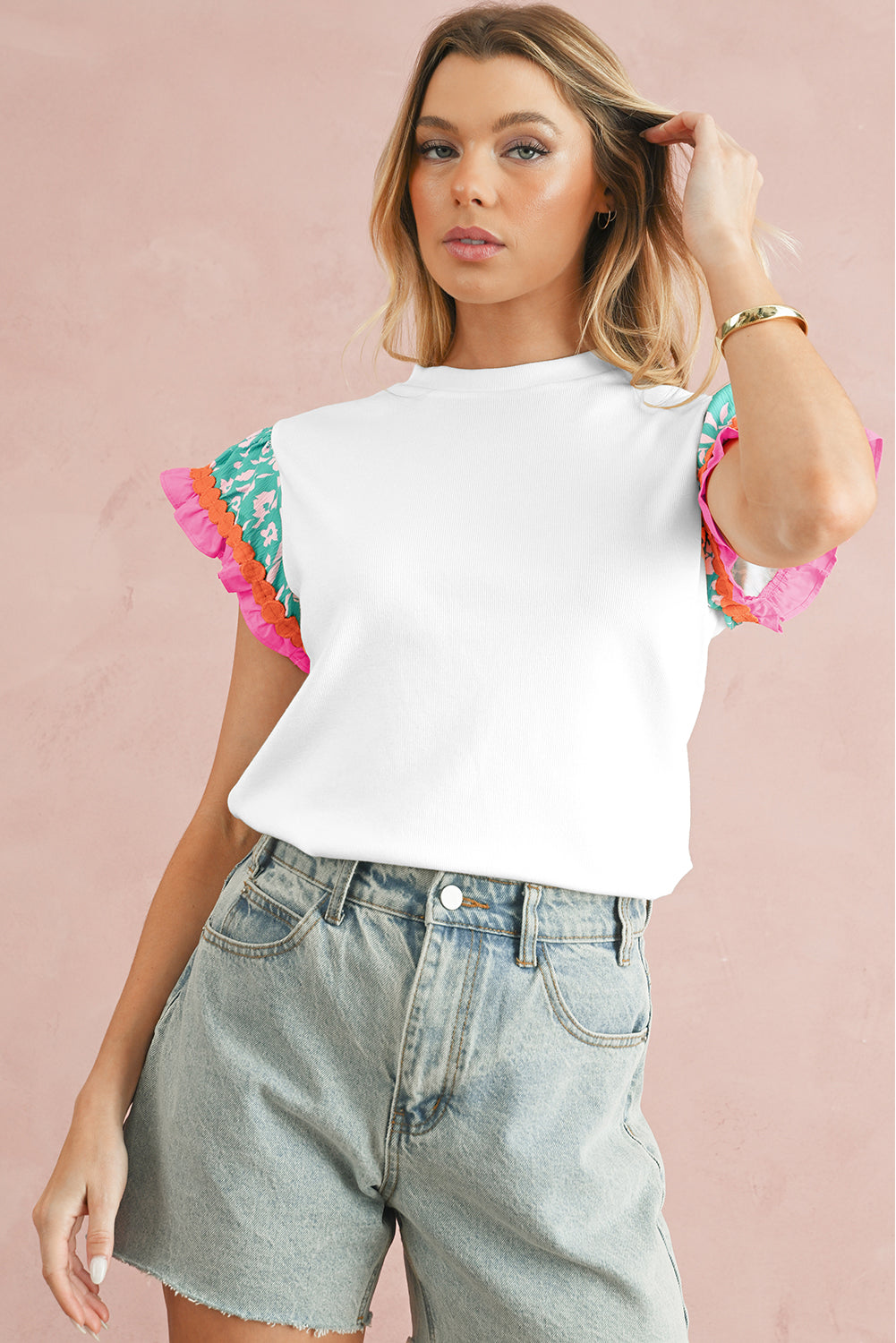 White Color Block Floral Print Ruffle Sleeve Blouse