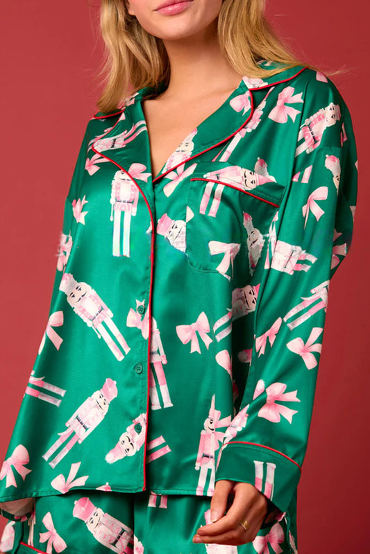 Green Nutcracker Lapel Collar Long Sleeve Top And Shorts Pajama Set