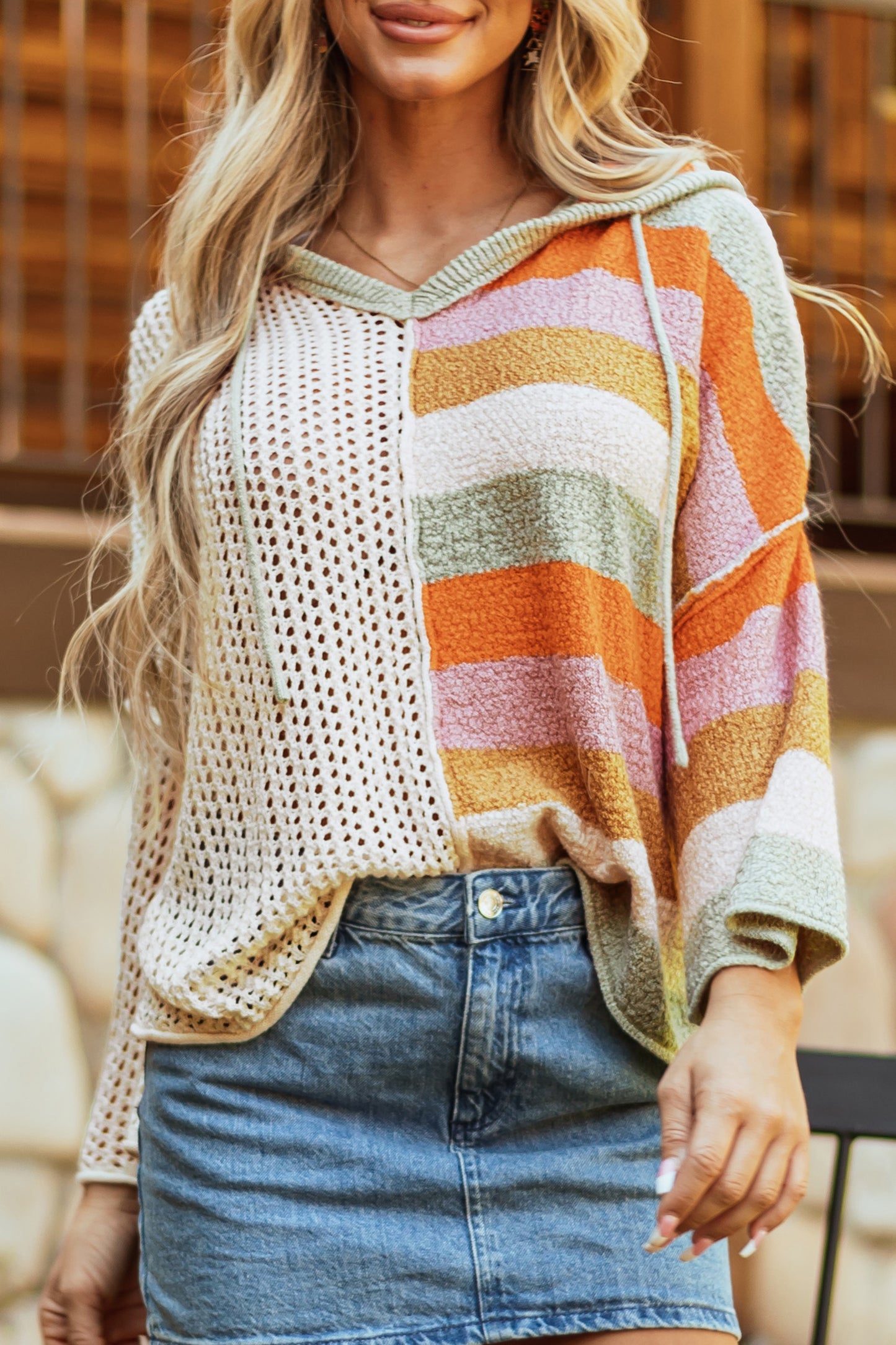 Beige Oversized Colorblock V-Neck Hooded Sweater
