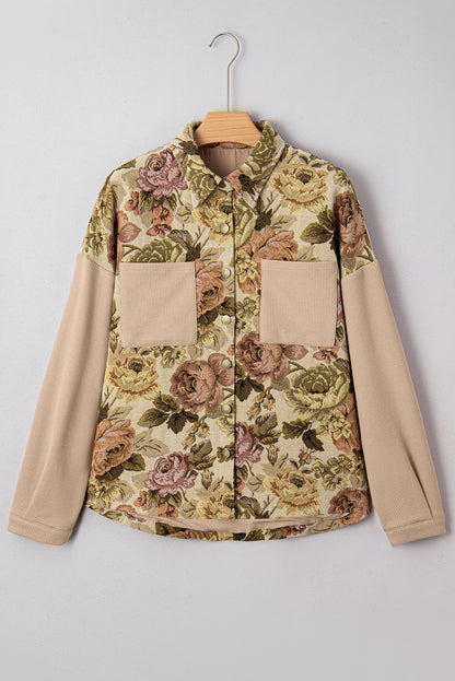 Floral Waffle Knit Patchwork Chest Pockets Buttoned Jacket