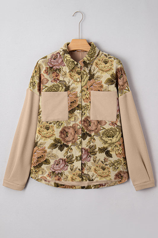 Floral Waffle Knit Patchwork Chest Pockets Buttoned Jacket