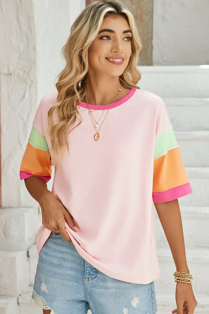 Pink Color Block Sleeve Round Neck Oversize Top