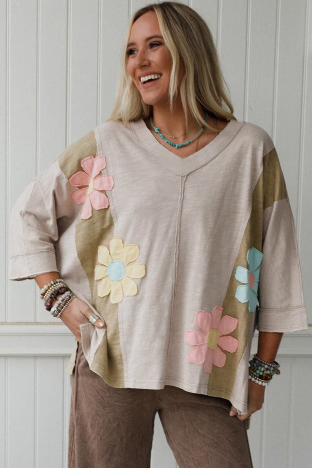 Flower Patched Exposed Seam 3/4 Sleeve Top