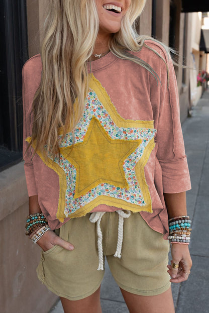 Rose Tan Floral Star Patched Exposed Seam Mineral Wash Top